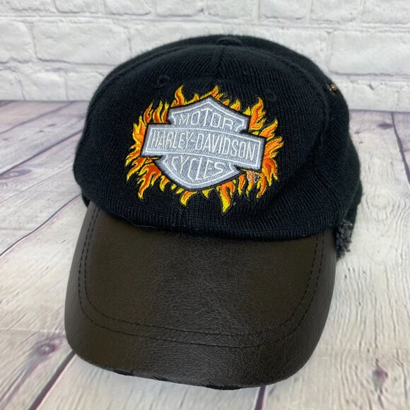 Harley Davidson Motorcycles Hat Cap Black with Earflaps Fit Small Size Heads - Picture 10 of 12